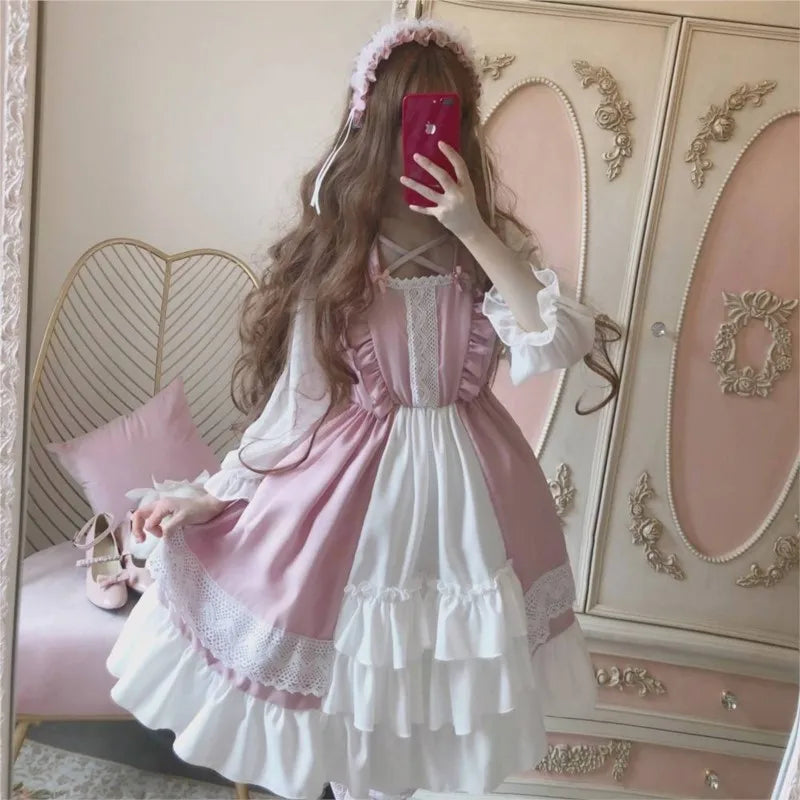 Alice in Wonderland Lolita Dress – Harajuku Fairycore Long Sleeve OP with Lace Trim From Kawaii Stop