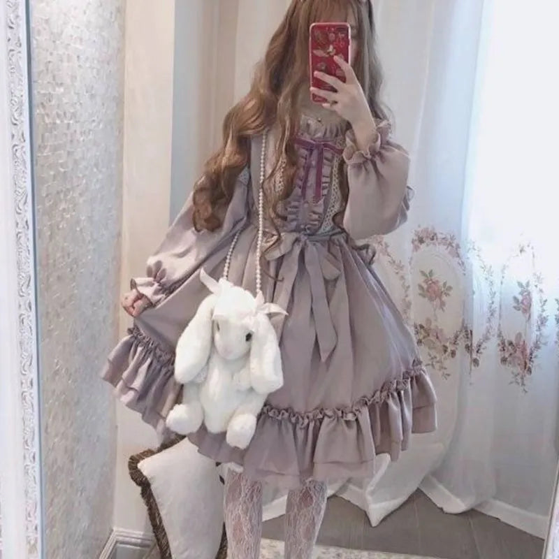 Alice in Wonderland Lolita Dress – Harajuku Fairycore Long Sleeve OP with Lace Trim From Kawaii Stop