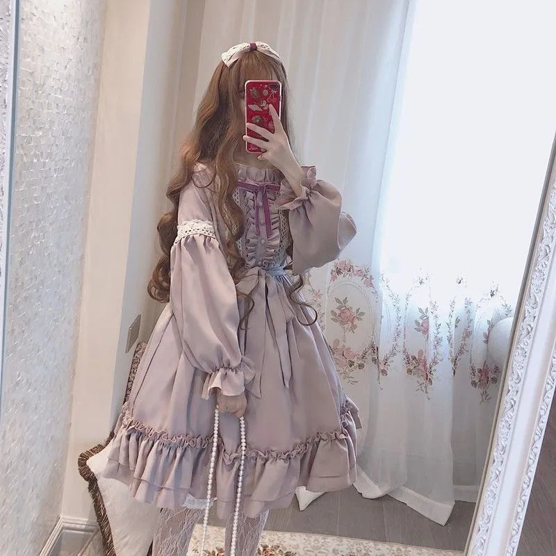 Alice in Wonderland Lolita Dress – Harajuku Fairycore Long Sleeve OP with Lace Trim From Kawaii Stop