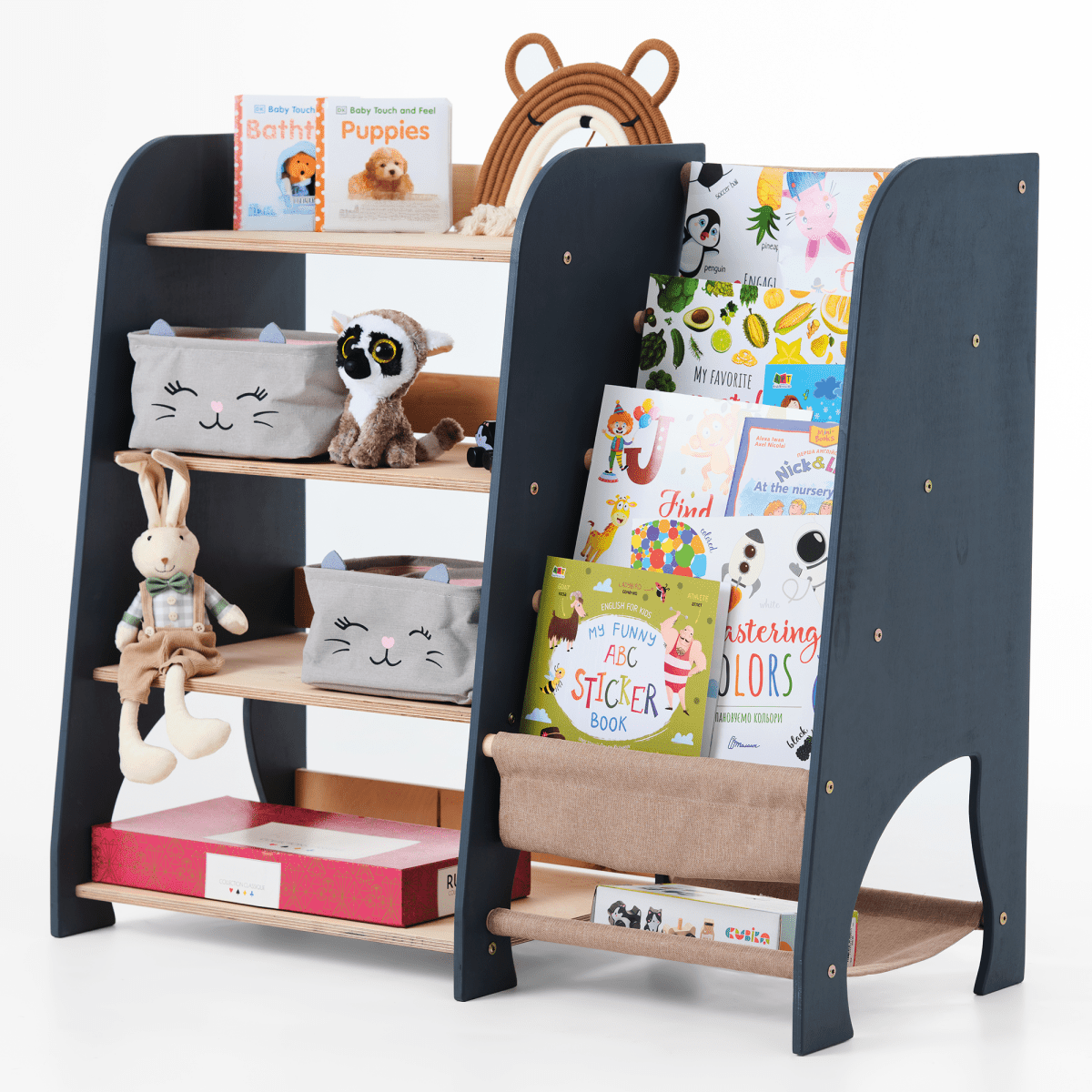 Wooden Montessori Shelves for Toddler 2in1: Bookshelf & Toy Shelving from Goodevas