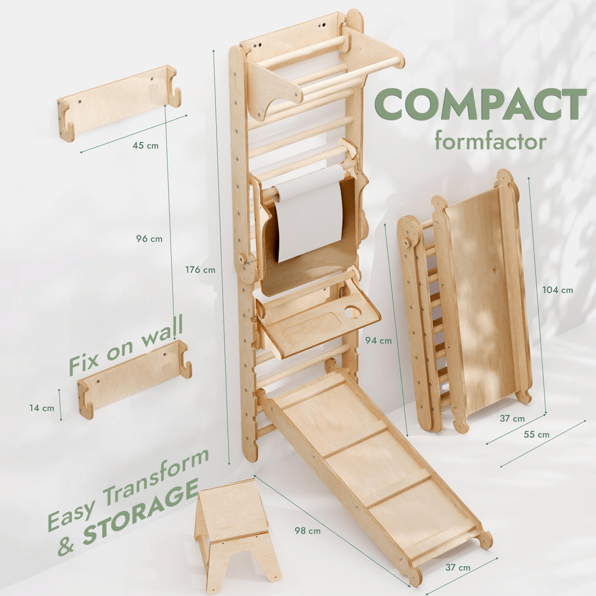Wooden Swedish Wall / Climbing ladder for Children + Swing Set + Slide Board + Art Add-on from Goodevas