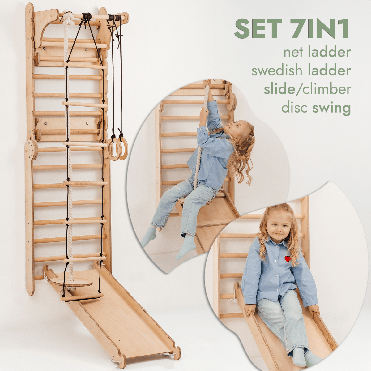 Wooden Swedish Wall / Climbing ladder for Children + Swing Set + Slide Board + Art Add-on from Goodevas