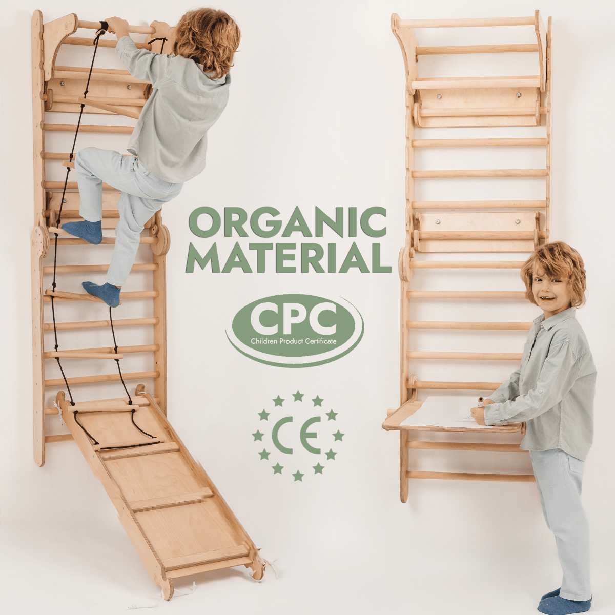 Wooden Swedish Wall / Climbing ladder for Children + Swing Set + Slide Board + Art Add-on from Goodevas