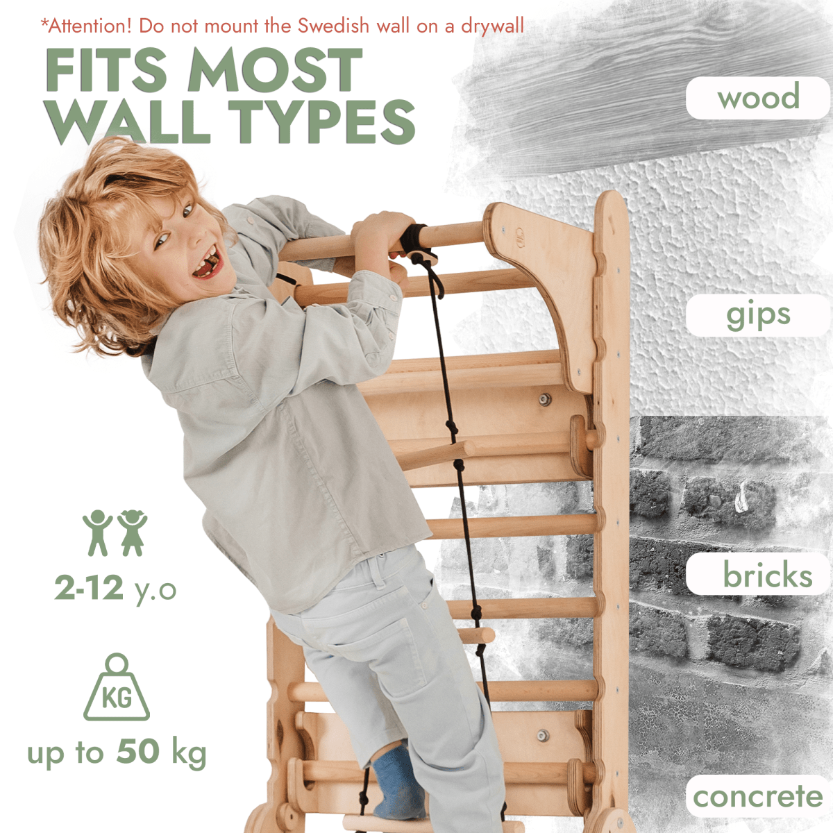 Wooden Swedish Wall / Climbing ladder for Children + Swing Set + Slide Board + Art Add-on from Goodevas