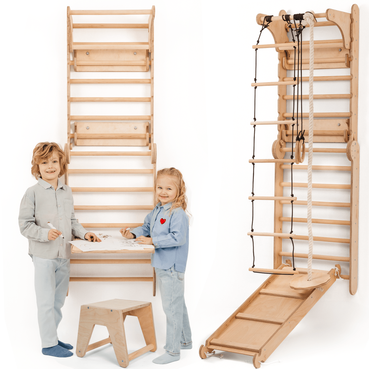 Wooden Swedish Wall / Climbing ladder for Children + Swing Set + Slide Board + Art Add-on from Goodevas