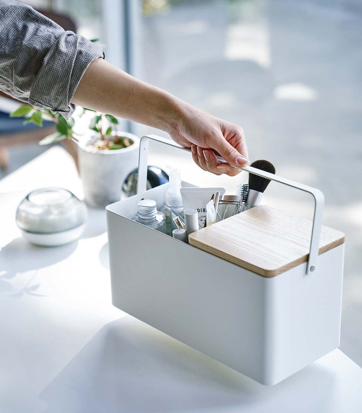 Makeup Organizer with Mirror - Steel + Wood from Yamazaki Home