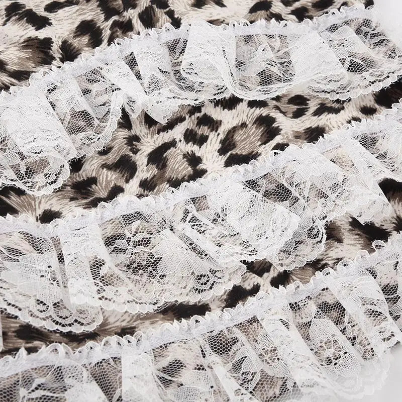 Leopard Print Lace Ruffle Tank Top – Y2K Coquette Cropped Camisole From Kawaii Stop