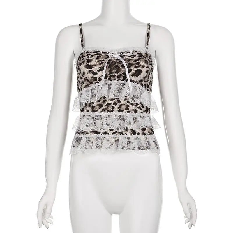 Leopard Print Lace Ruffle Tank Top – Y2K Coquette Cropped Camisole From Kawaii Stop