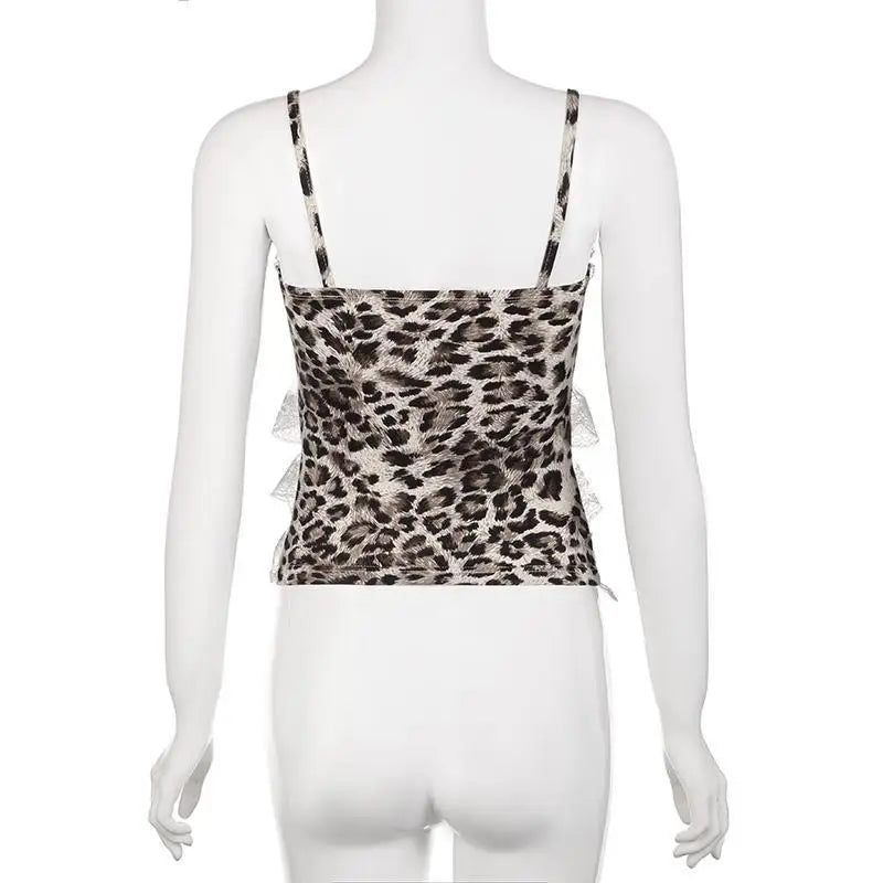 Leopard Print Lace Ruffle Tank Top – Y2K Coquette Cropped Camisole From Kawaii Stop