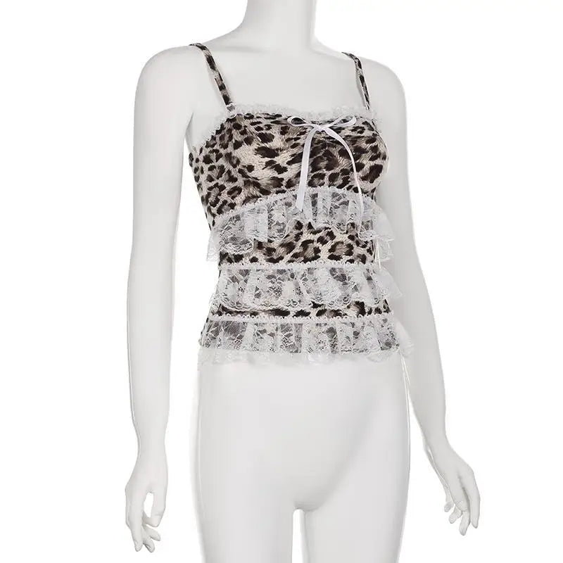 Leopard Print Lace Ruffle Tank Top – Y2K Coquette Cropped Camisole From Kawaii Stop