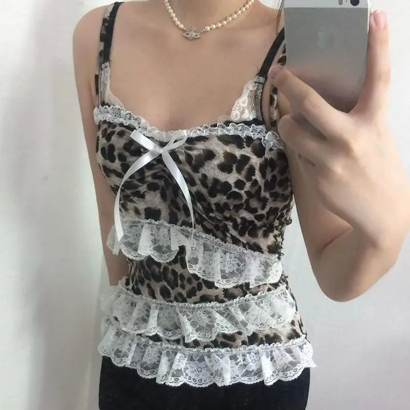 Leopard Print Lace Ruffle Tank Top – Y2K Coquette Cropped Camisole From Kawaii Stop