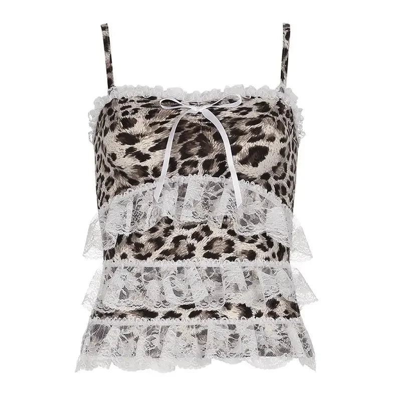 Leopard Print Lace Ruffle Tank Top – Y2K Coquette Cropped Camisole From Kawaii Stop