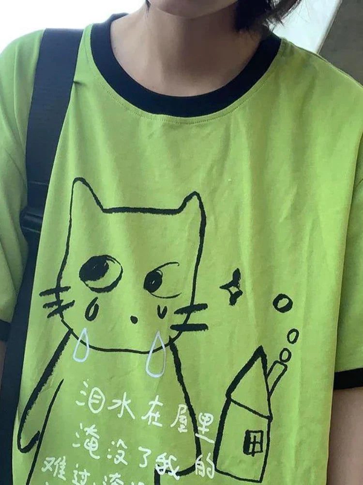Green Harajuku Cat Print T-Shirt – Y2K Fairycore Grunge Tee From Kawaii Stop