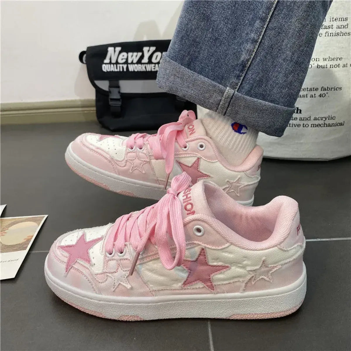 Y2K Pink Flat Fashion Sneakers for Women Strap from Kawaii Stop
