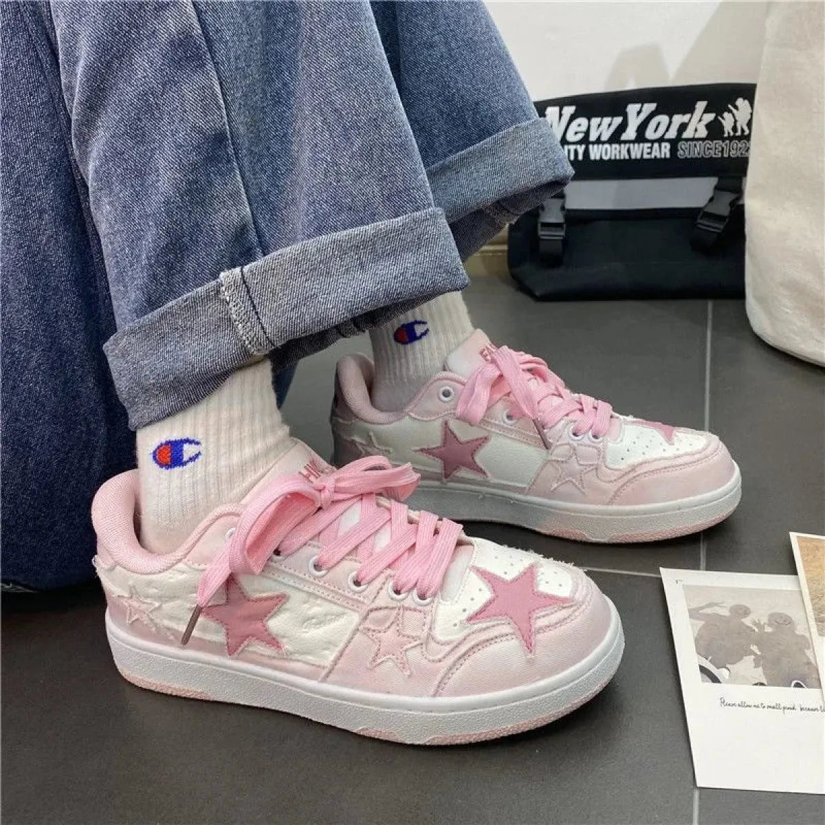 Y2K Pink Flat Fashion Sneakers for Women Strap from Kawaii Stop