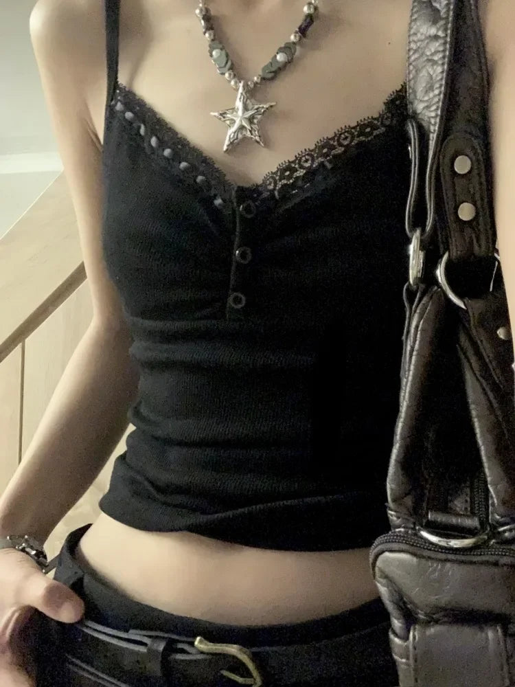 Black Lace Trim Tank Top – Y2K Gothic Coquette Punk Grunge Crop Top From Kawaii Stop
