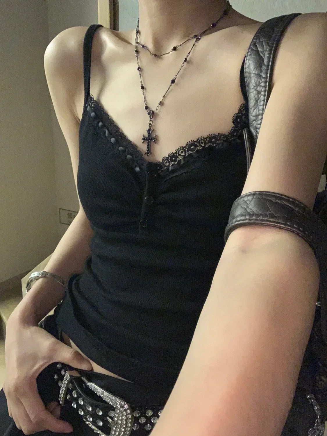 Black Lace Trim Tank Top – Y2K Gothic Coquette Punk Grunge Crop Top From Kawaii Stop