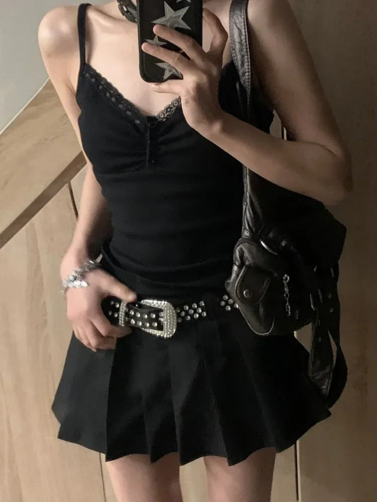 Black Lace Trim Tank Top – Y2K Gothic Coquette Punk Grunge Crop Top From Kawaii Stop