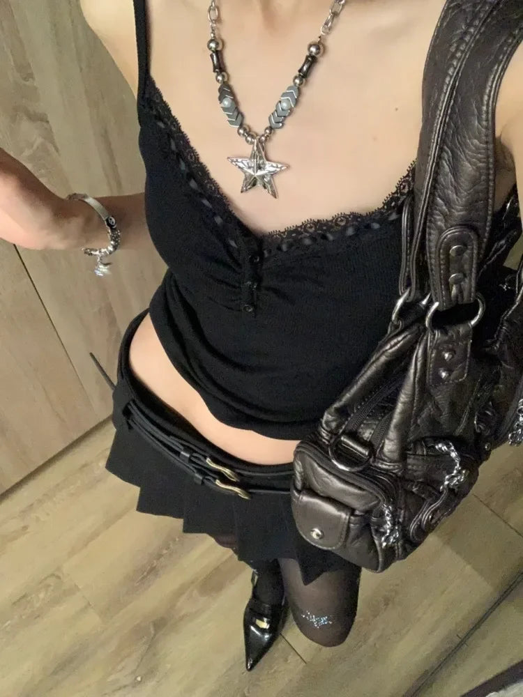 Black Lace Trim Tank Top – Y2K Gothic Coquette Punk Grunge Crop Top From Kawaii Stop