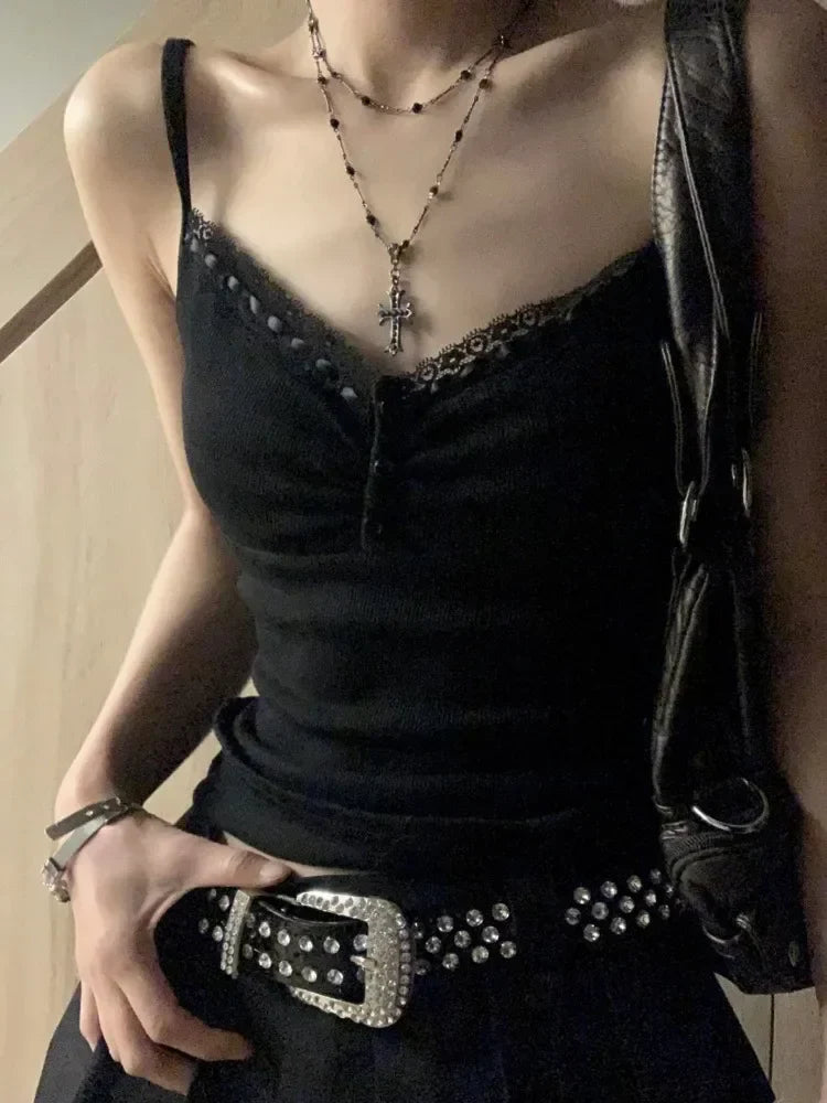 Black Lace Trim Tank Top – Y2K Gothic Coquette Punk Grunge Crop Top From Kawaii Stop