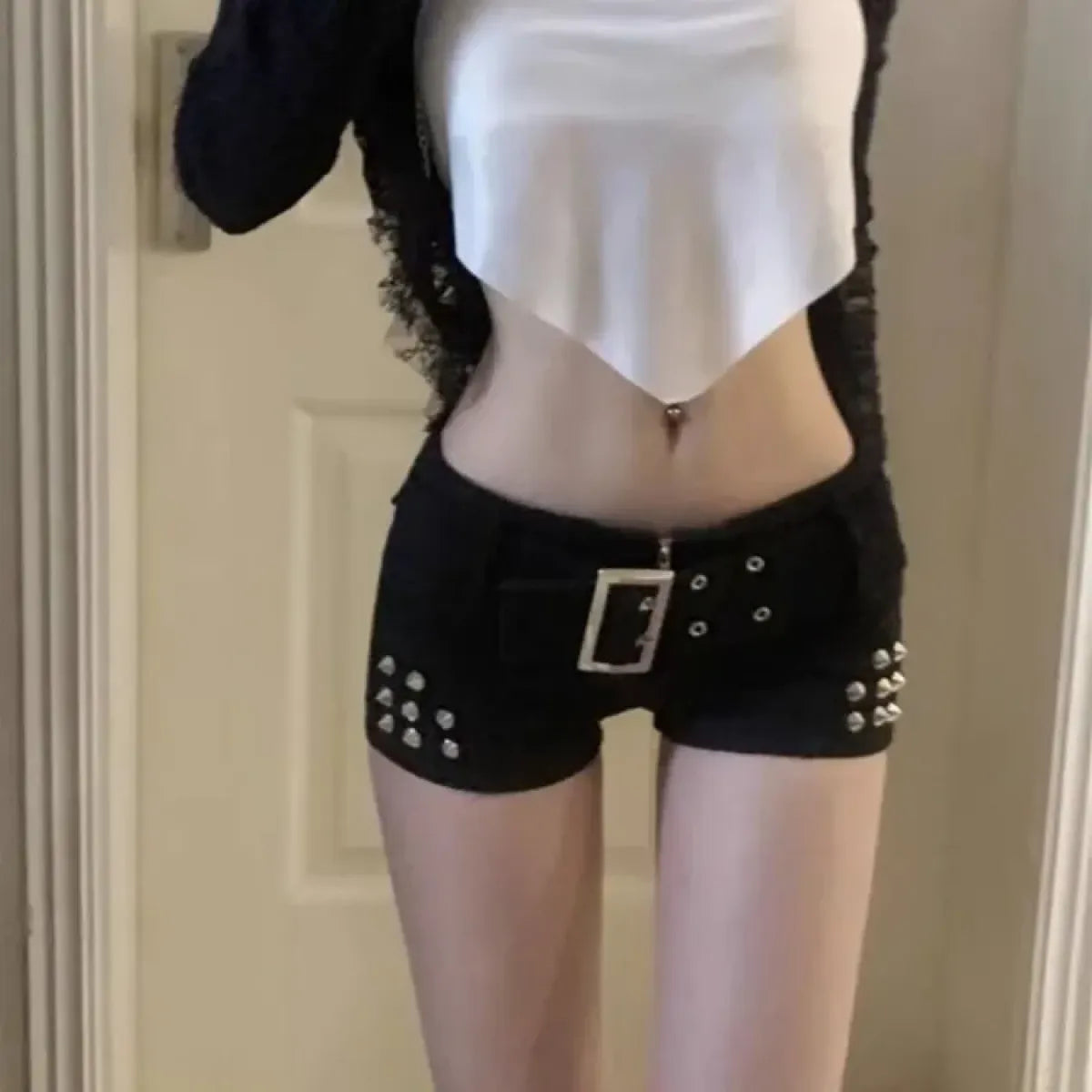 Low Waist Rivet Shorts – Y2K Grunge Harajuku Denim Bottoms Strap from Kawaii Stop