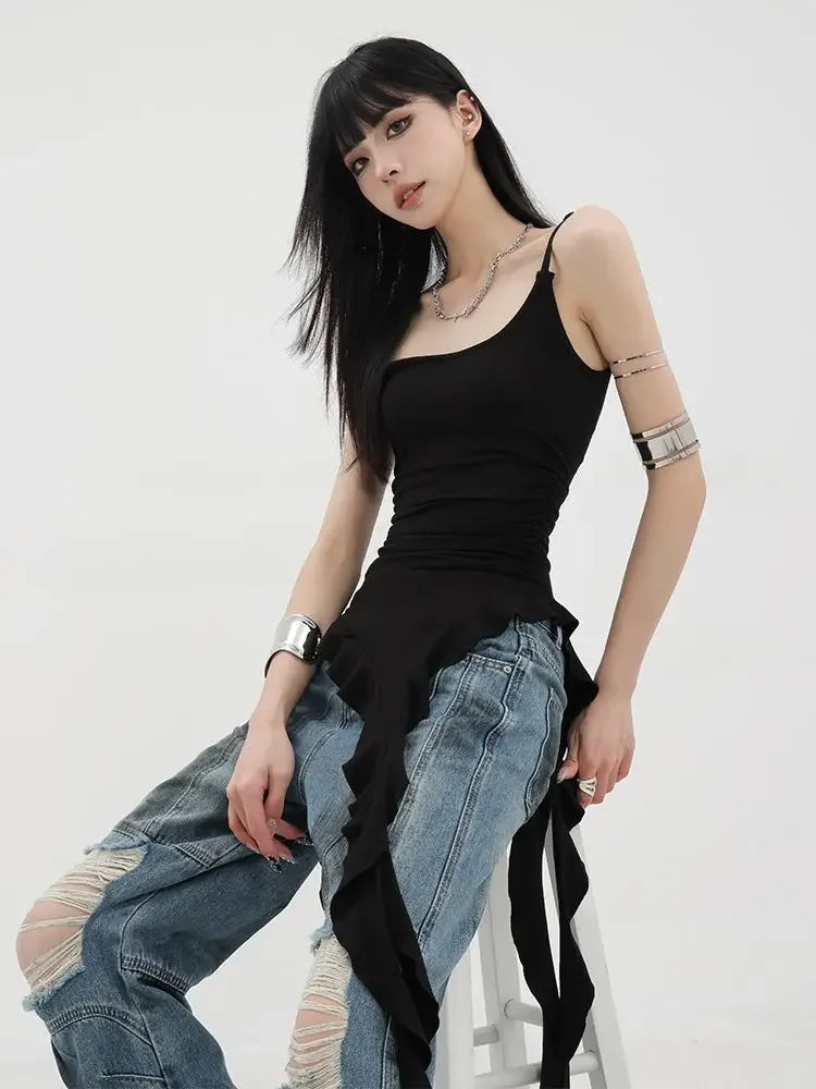 Black Asymmetrical Ruffle Tank Top – Y2K Grunge Punk Camisole From Kawaii Stop