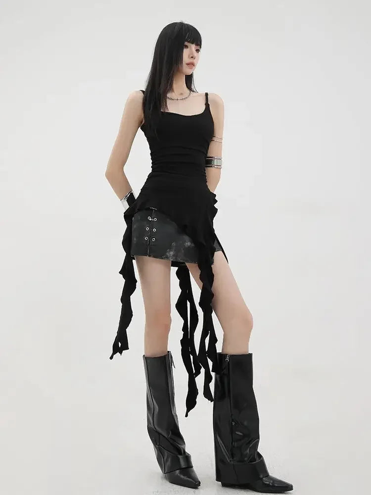 Black Asymmetrical Ruffle Tank Top – Y2K Grunge Punk Camisole From Kawaii Stop