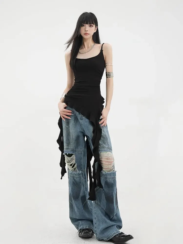 Black Asymmetrical Ruffle Tank Top – Y2K Grunge Punk Camisole From Kawaii Stop
