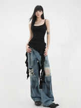 Black Asymmetrical Ruffle Tank Top – Y2K Grunge Punk Camisole From Kawaii Stop
