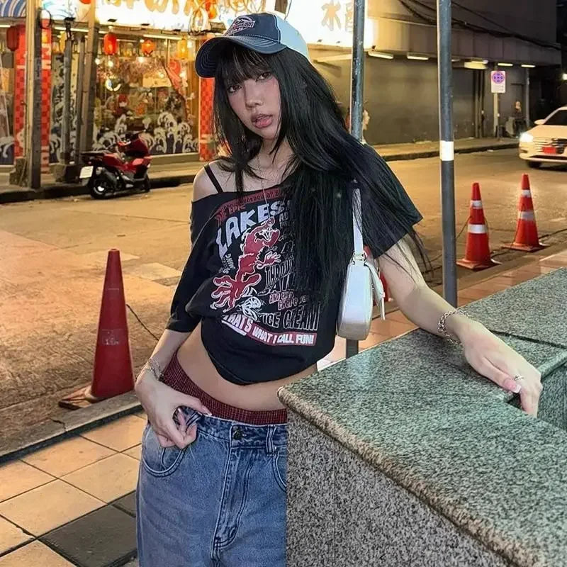 Black Off-Shoulder Graphic Tee – Y2K Grunge Punk Harajuku Crop Top From Kawaii Stop