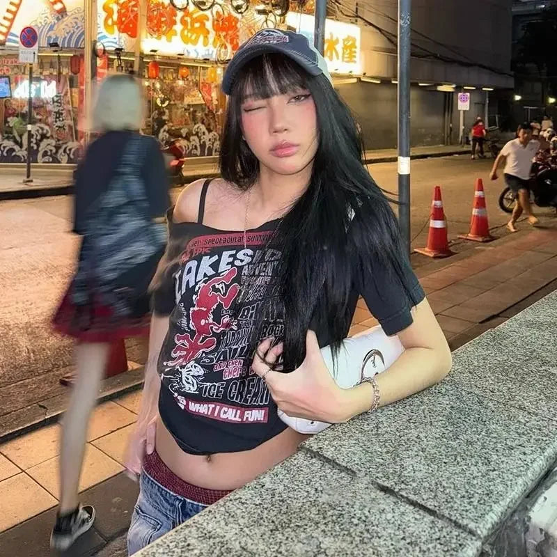 Black Off-Shoulder Graphic Tee – Y2K Grunge Punk Harajuku Crop Top From Kawaii Stop