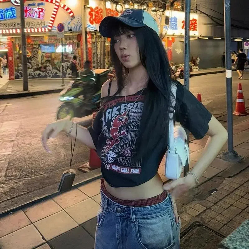 Black Off-Shoulder Graphic Tee – Y2K Grunge Punk Harajuku Crop Top From Kawaii Stop