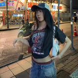 Black Off-Shoulder Graphic Tee – Y2K Grunge Punk Harajuku Crop Top From Kawaii Stop