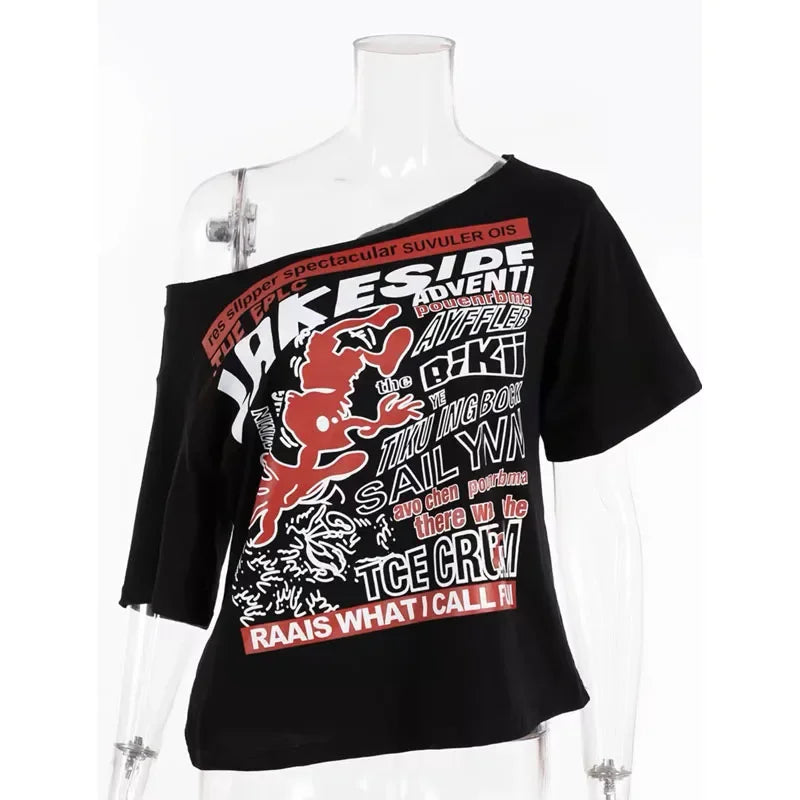 Black Off-Shoulder Graphic Tee – Y2K Grunge Punk Harajuku Crop Top From Kawaii Stop