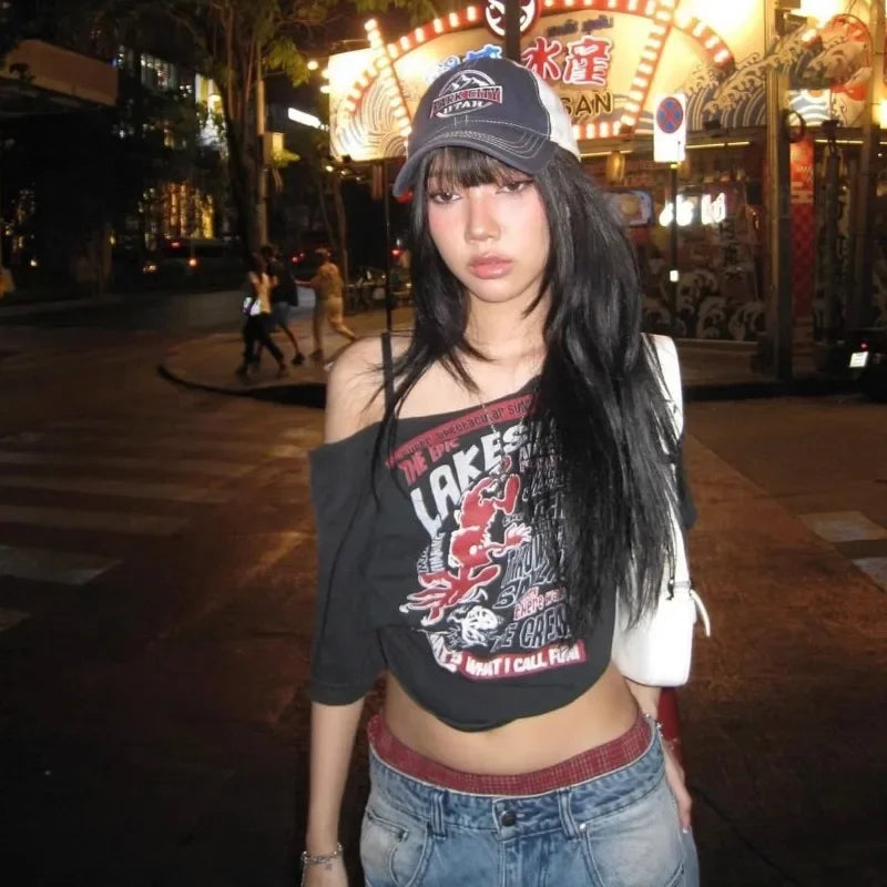 Black Off-Shoulder Graphic Tee – Y2K Grunge Punk Harajuku Crop Top From Kawaii Stop