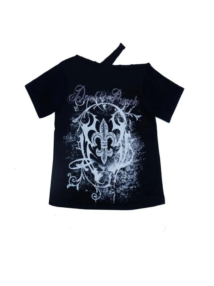 Black Gothic Print T-Shirt – Off-Shoulder Y2K Grunge Tee From Kawaii Stop