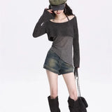 Gray Off-Shoulder Knitted Halter Top – Y2K Gyaru Asymmetric Crop Tee From Kawaii Stop