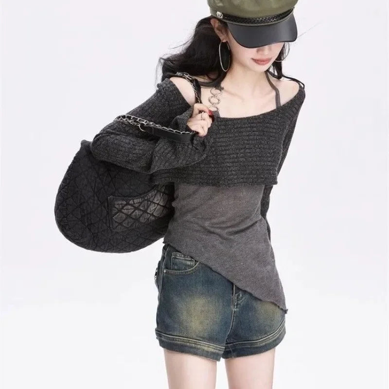 Gray Off-Shoulder Knitted Halter Top – Y2K Gyaru Asymmetric Crop Tee From Kawaii Stop