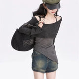 Gray Off-Shoulder Knitted Halter Top – Y2K Gyaru Asymmetric Crop Tee From Kawaii Stop