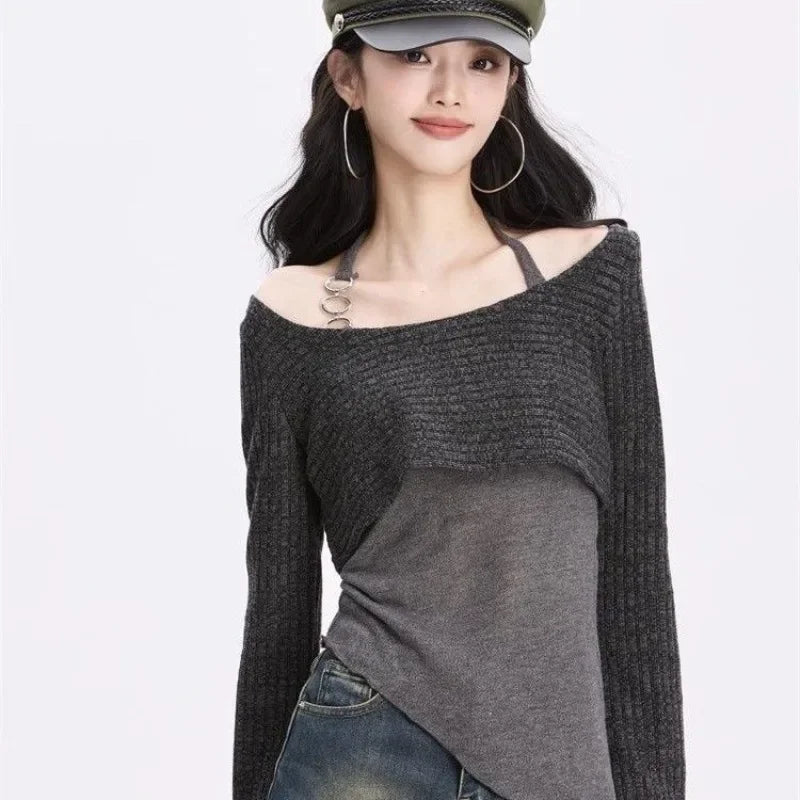 Gray Off-Shoulder Knitted Halter Top – Y2K Gyaru Asymmetric Crop Tee From Kawaii Stop