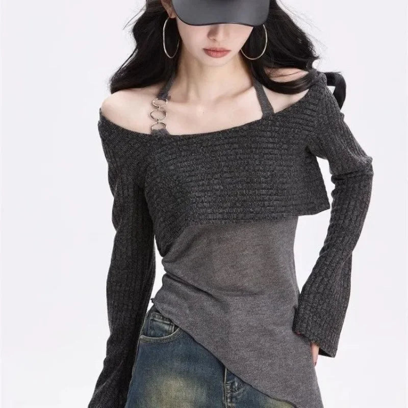 Gray Off-Shoulder Knitted Halter Top – Y2K Gyaru Asymmetric Crop Tee From Kawaii Stop