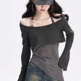 Gray Off-Shoulder Knitted Halter Top – Y2K Gyaru Asymmetric Crop Tee From Kawaii Stop