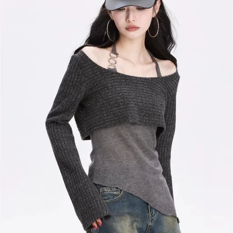 Gray Off-Shoulder Knitted Halter Top – Y2K Gyaru Asymmetric Crop Tee From Kawaii Stop
