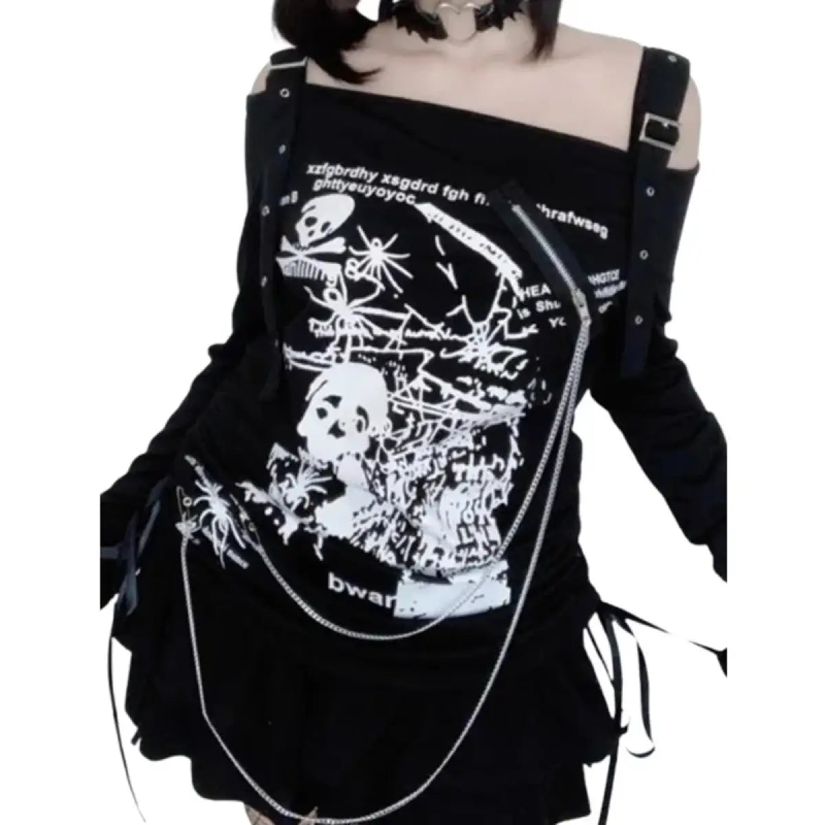 Gothic Punk Off-Shoulder Top – Y2K Skull Print Tee From Kawaii Stop