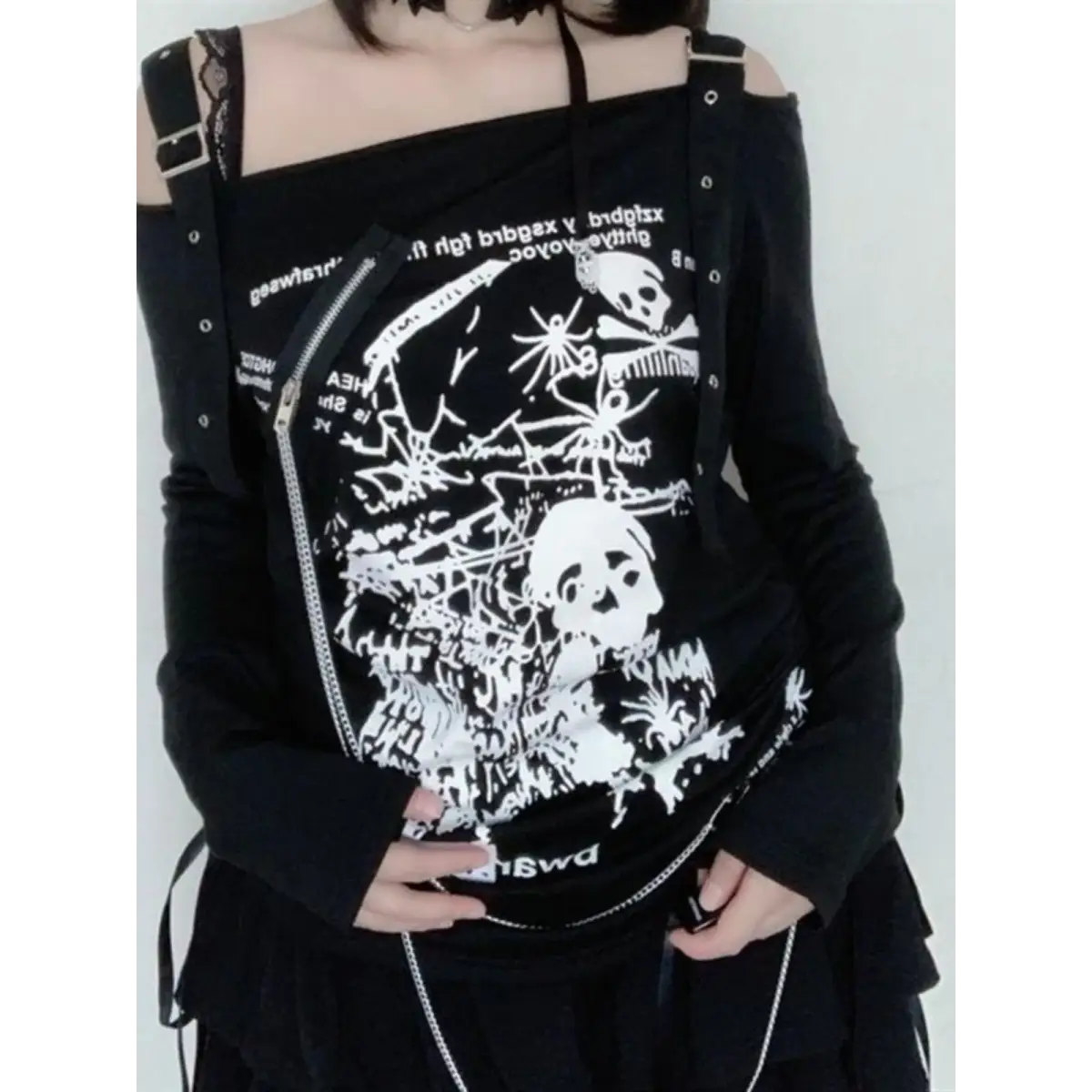 Gothic Punk Off-Shoulder Top – Y2K Skull Print Tee From Kawaii Stop