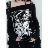 Gothic Punk Off-Shoulder Top – Y2K Skull Print Tee From Kawaii Stop