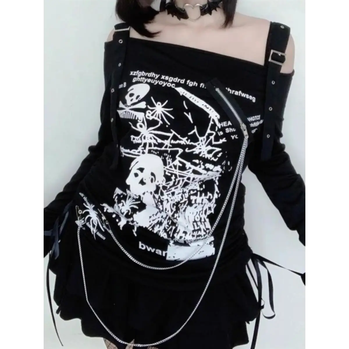 Gothic Punk Off-Shoulder Top – Y2K Skull Print Tee From Kawaii Stop