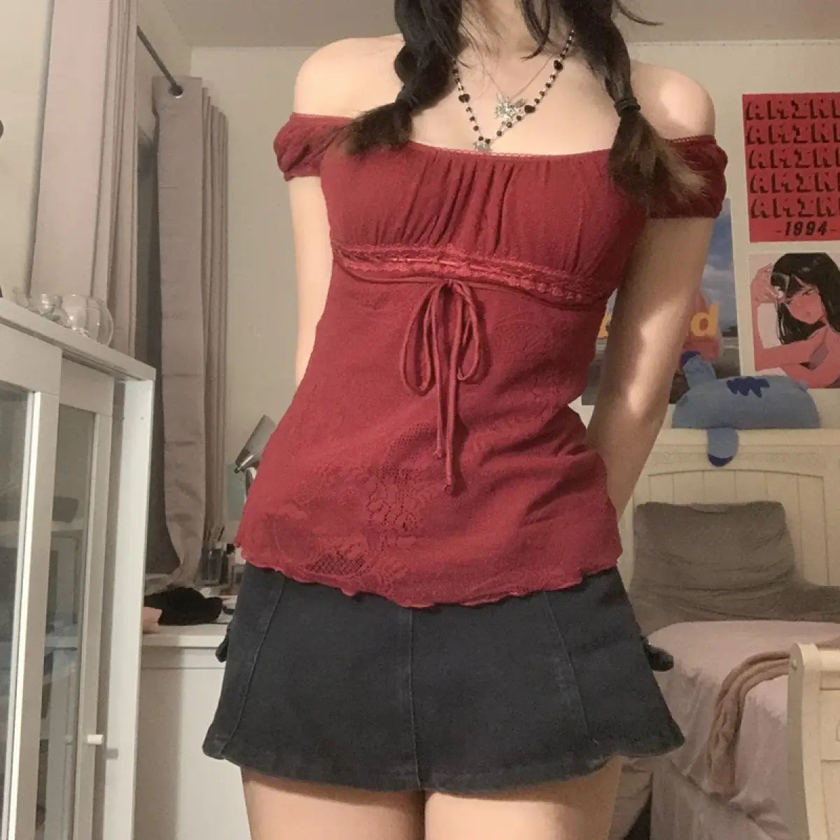 Red Square Collar Crop Top - Y2K Vintage Fairy Grunge Tee From Kawaii Stop