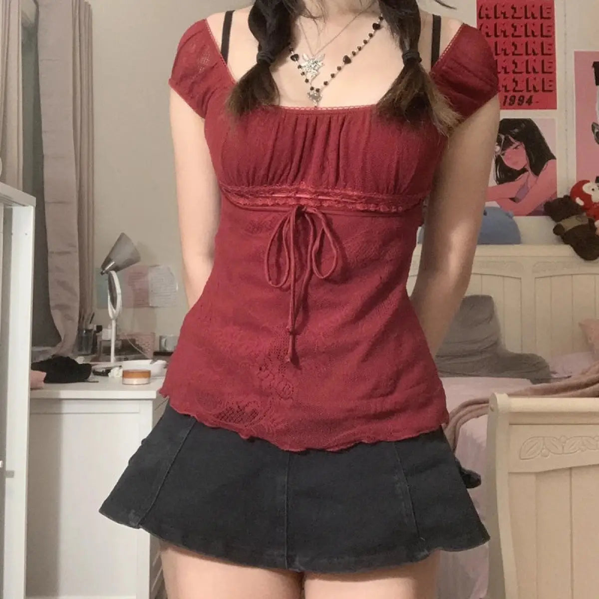 Red Square Collar Crop Top - Y2K Vintage Fairy Grunge Tee From Kawaii Stop