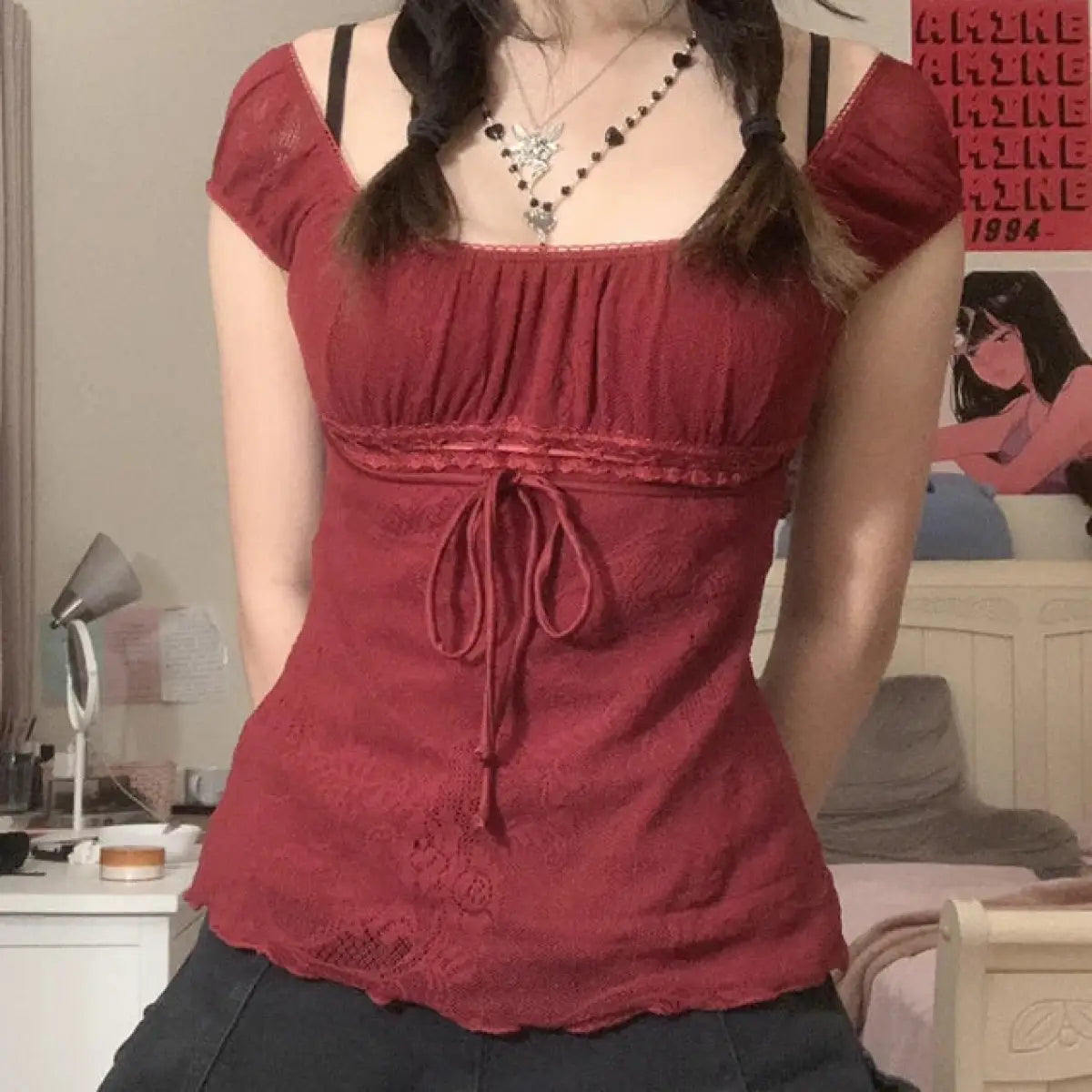 Red Square Collar Crop Top - Y2K Vintage Fairy Grunge Tee From Kawaii Stop